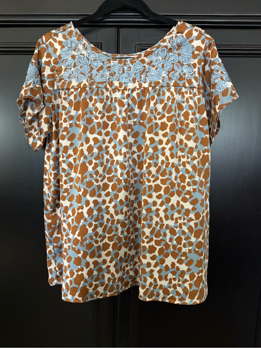 Animal Print Short Sleeve Top with Embroidered Yoke - Brown/Light Blue